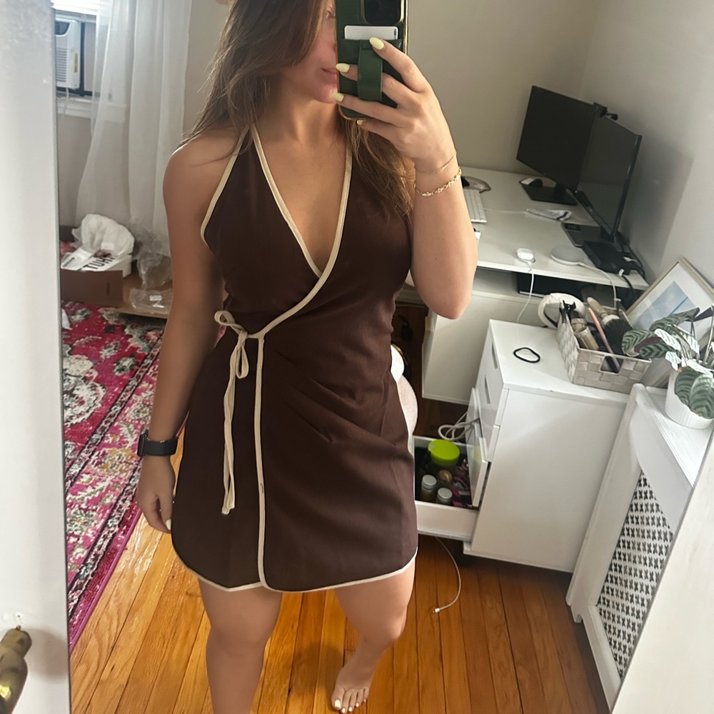 Brown Wrap Dress with Cream Trim